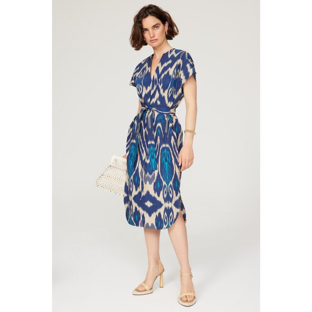 VANESSA BRUNO Blue Printed 100% Cotton V-Neck Belted Amarillo Dress Size 42